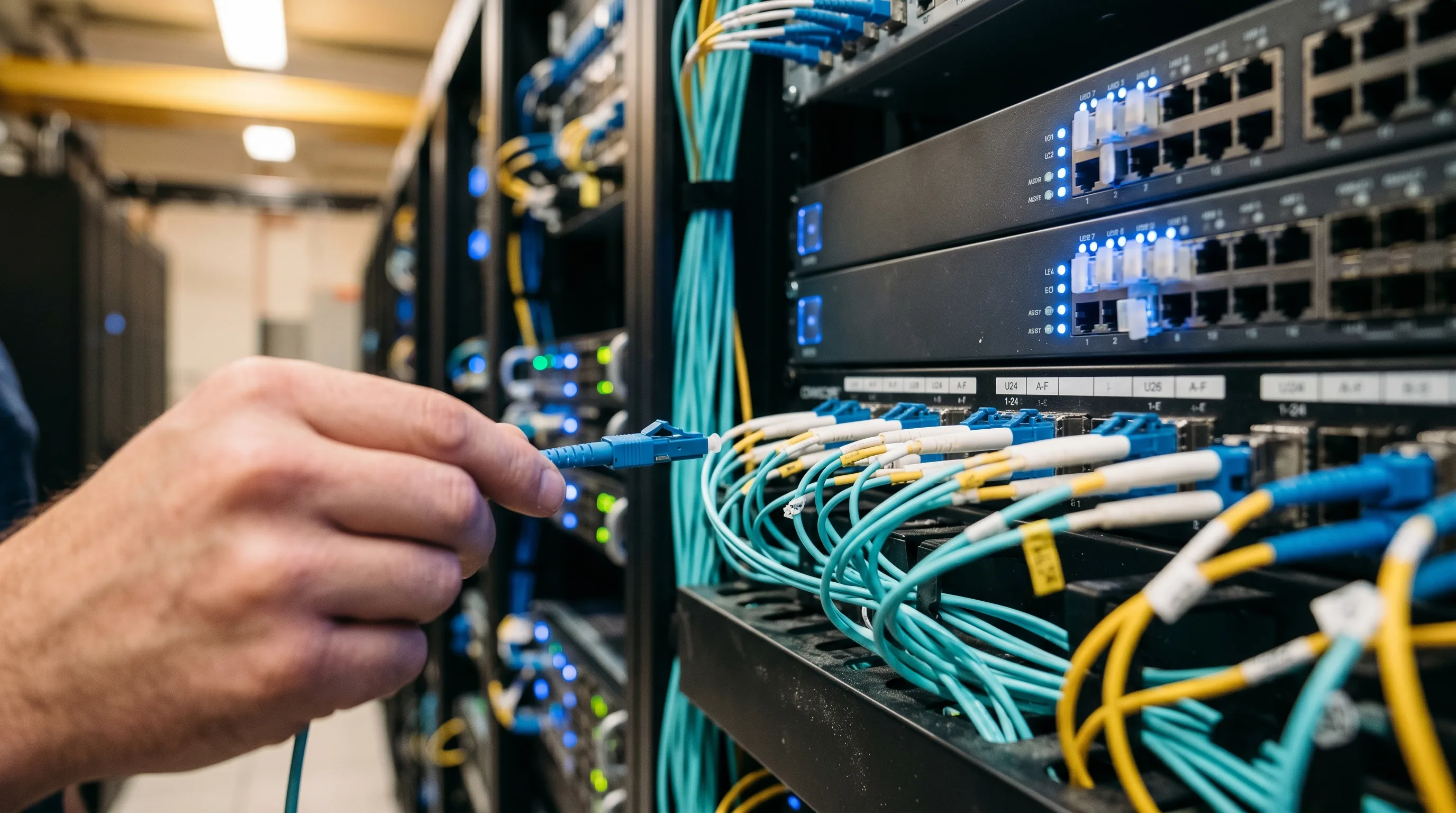 Multi-fiber optic cables terminated at a network patch panel in a server room, illustrating the physical and hardware factors that influence fiber-optic internet speed