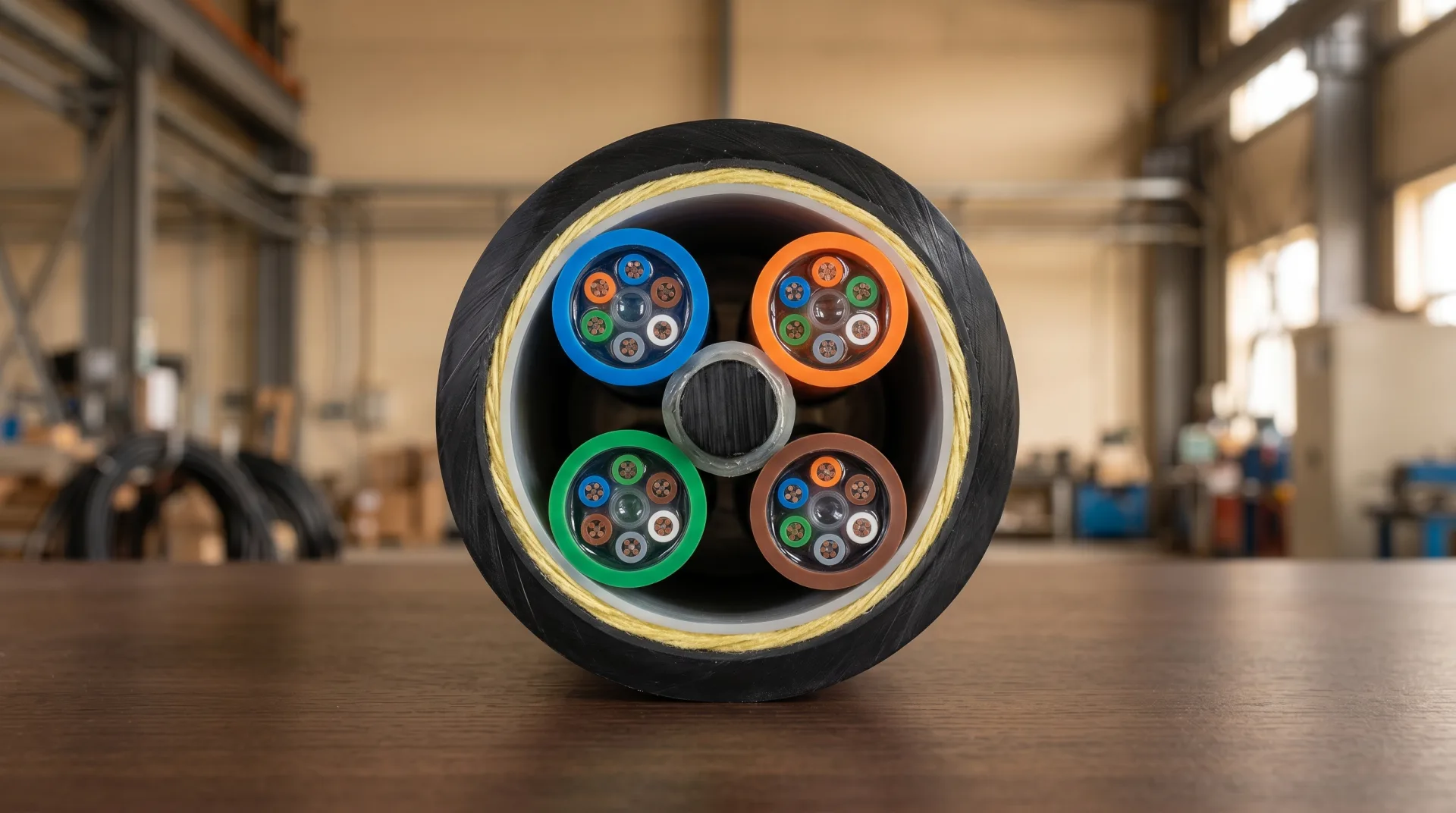 Cross-section of a 24-strand single-mode fiber optic cable showing color-coded fibers in loose tubes around a central strength member