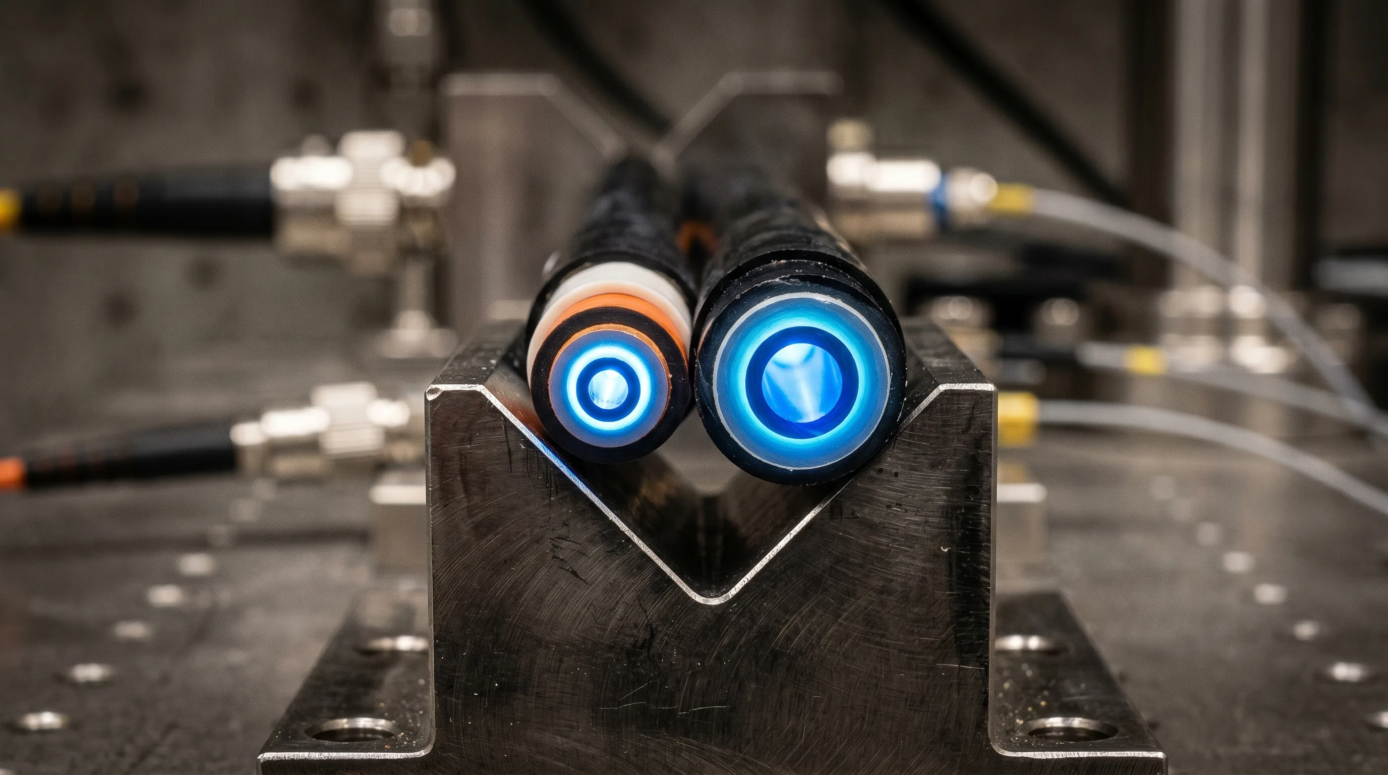 Comparison of 50/125 multimode fiber (OM3/OM4, aqua jacket) next to 62.5/125 OM1 fiber (orange jacket) showing core and cladding diameters