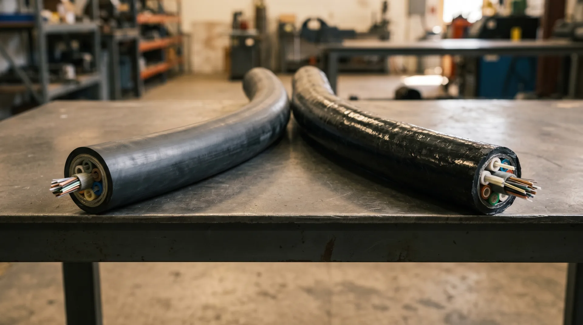 Two samples of fiber optic cable jacket material — one MDPE, one HDPE — side by side under warm neutral industrial studio lighting
