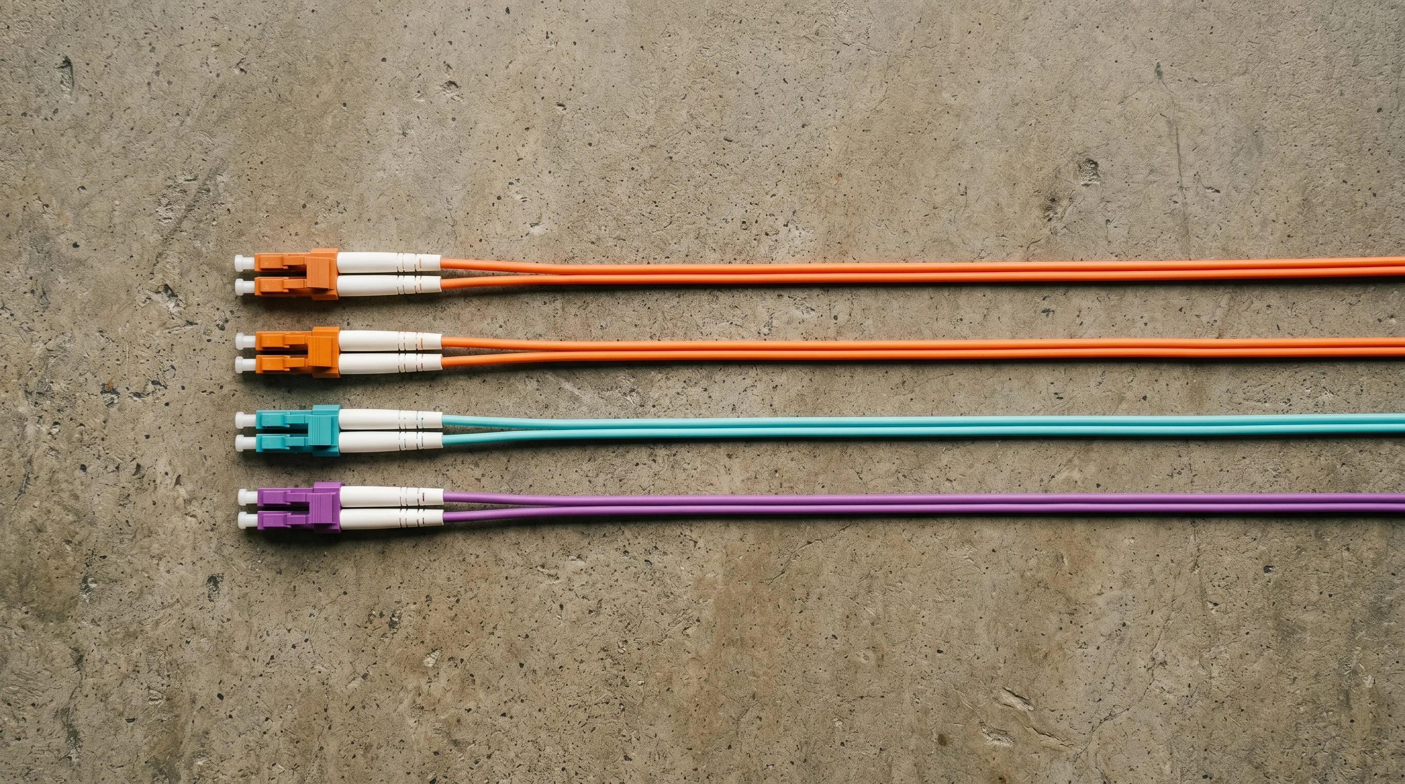 Multimode OM1, OM2, OM3, and OM4 fiber optic cables side by side showing their distinctive jacket colors