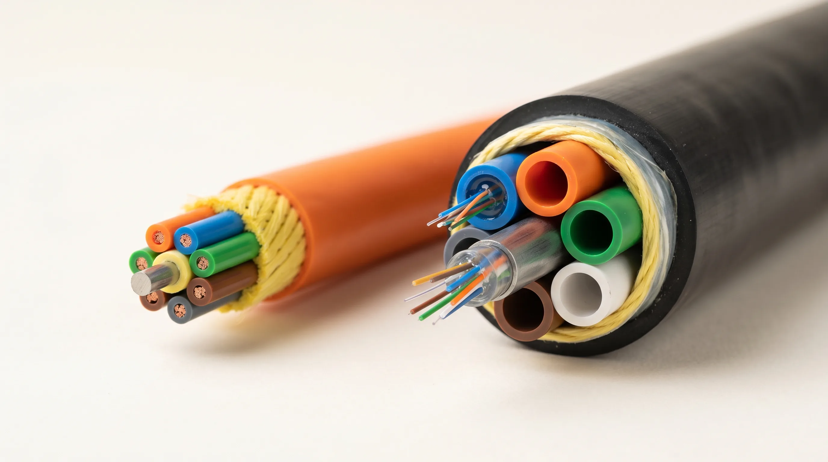 Cross-section comparison of tight-buffered 900 micron indoor fiber cable beside a gel-filled loose-tube outdoor fiber optic cable