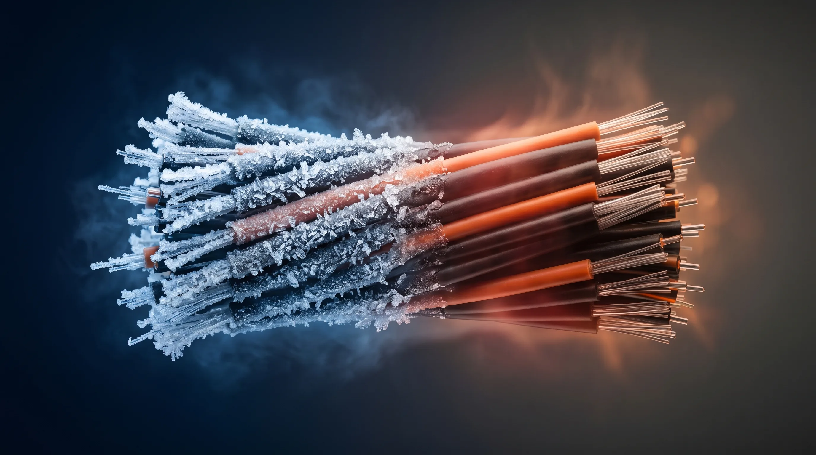 Fiber optic cable bundle exposed to contrasting hot and cold thermal environments illustrating temperature impact on fiber performance