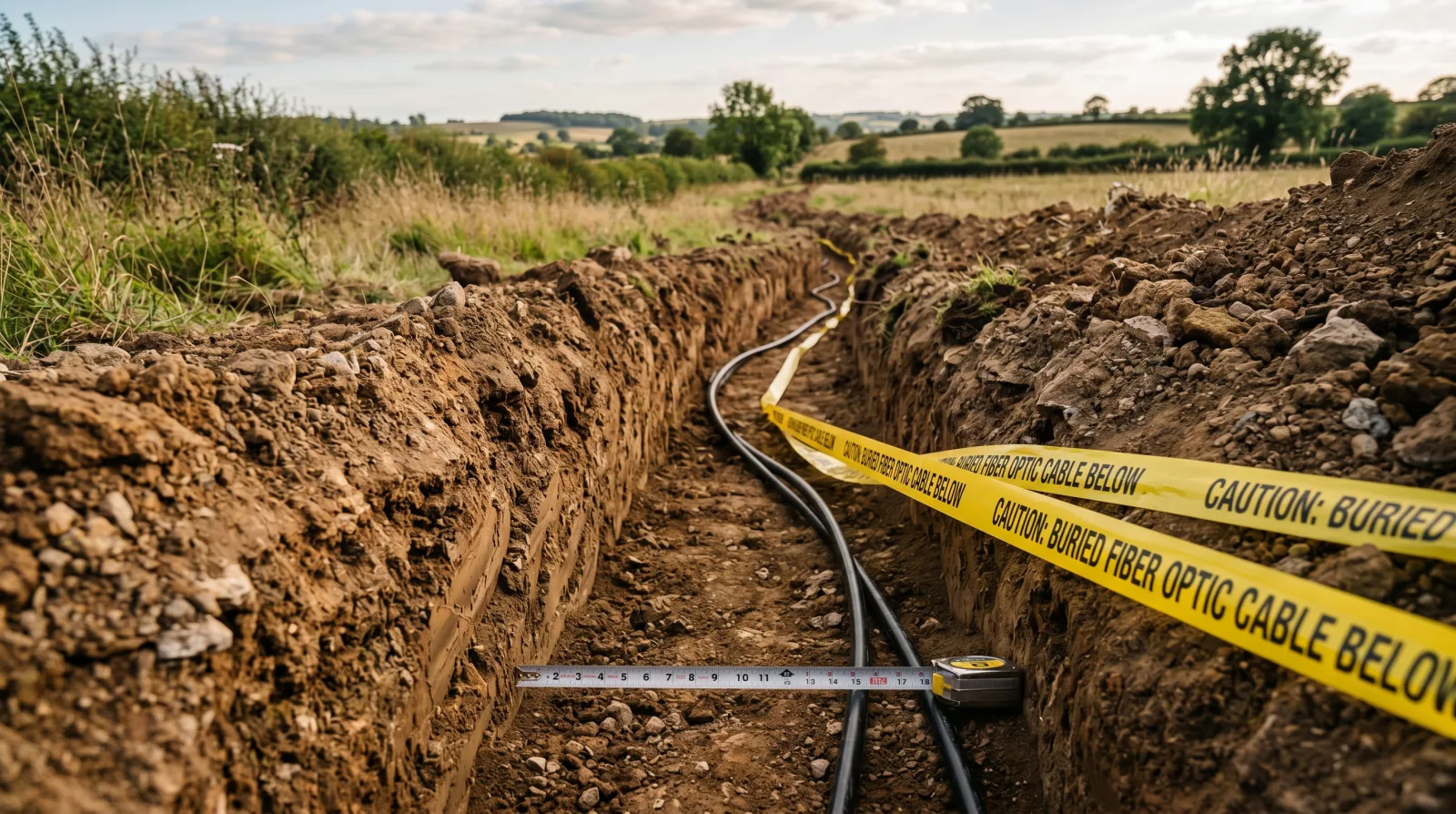 Outdoor armored fiber optic cable laid into a freshly dug burial trench with a yellow warning tape