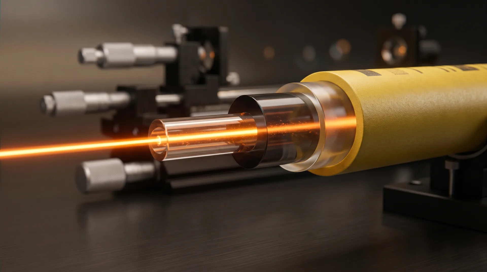 Cross-section cutaway of single-mode optical fiber showing the core, cladding, and protective jacket with light traveling through the core