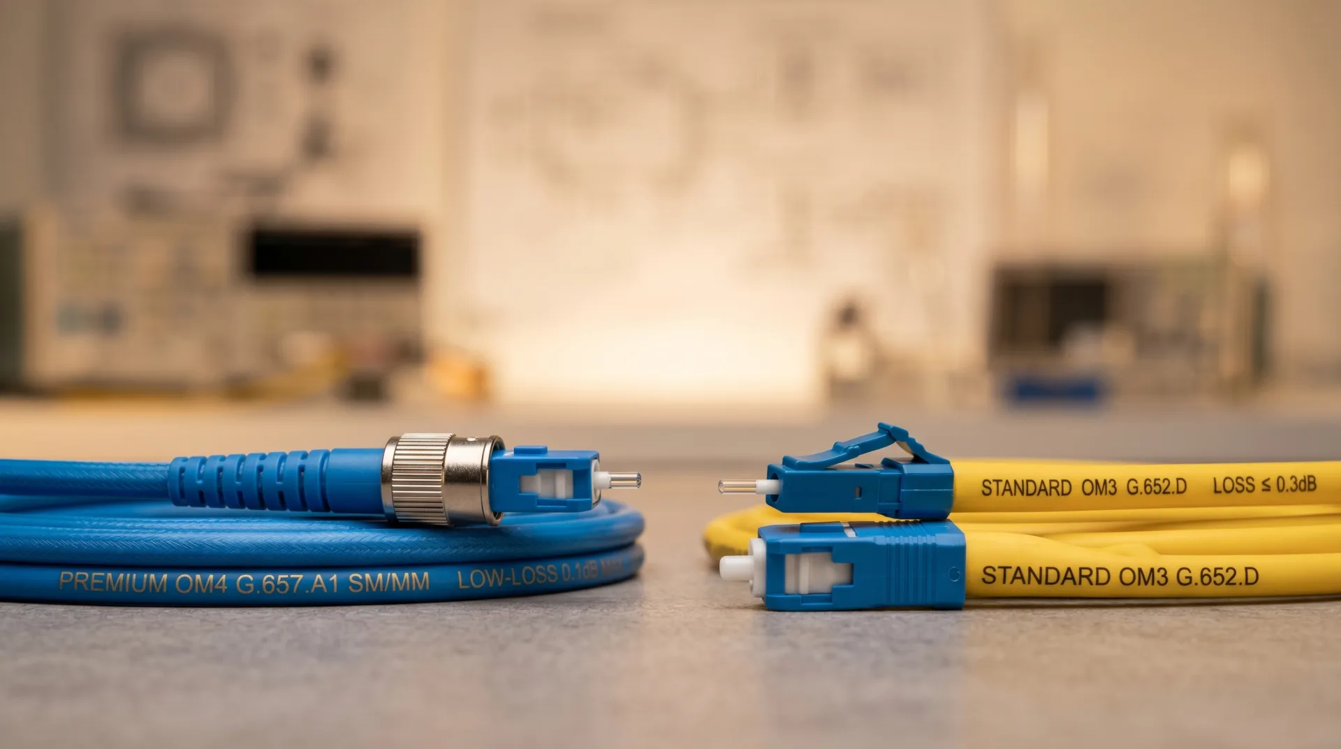 Side-by-side comparison of low-loss optical fiber and standard optical fiber cables under warm studio lighting