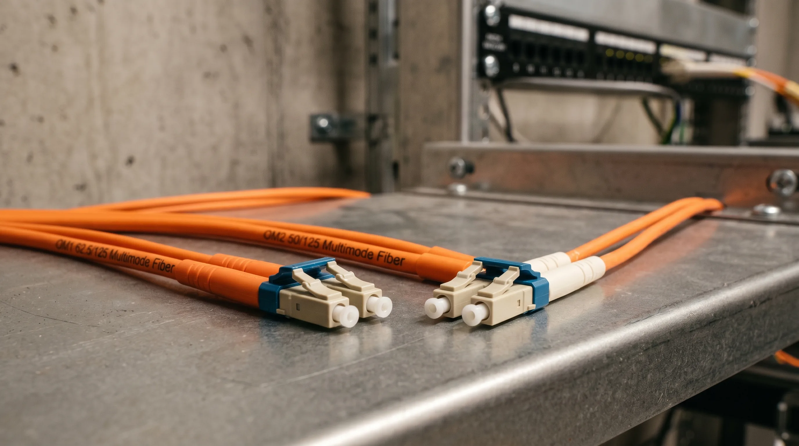 OM1 vs OM2 multimode fiber optic cables comparison — 62.5/125 µm and 50/125 µm cores side by side