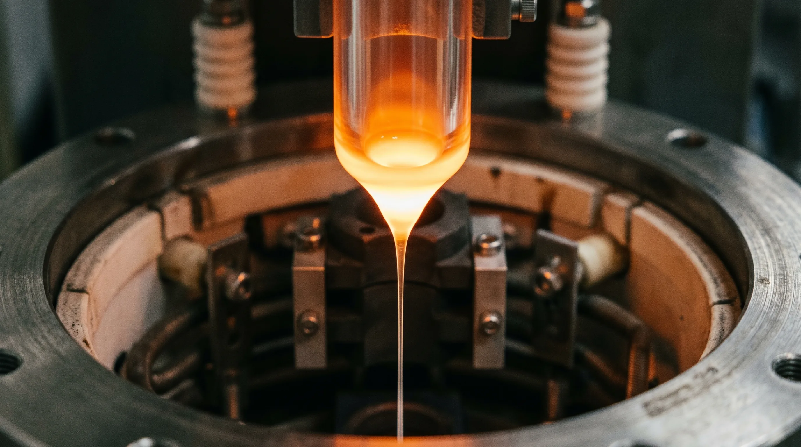 Glowing ultra-pure silica glass preform being drawn into a single optical fiber inside a high-temperature draw furnace