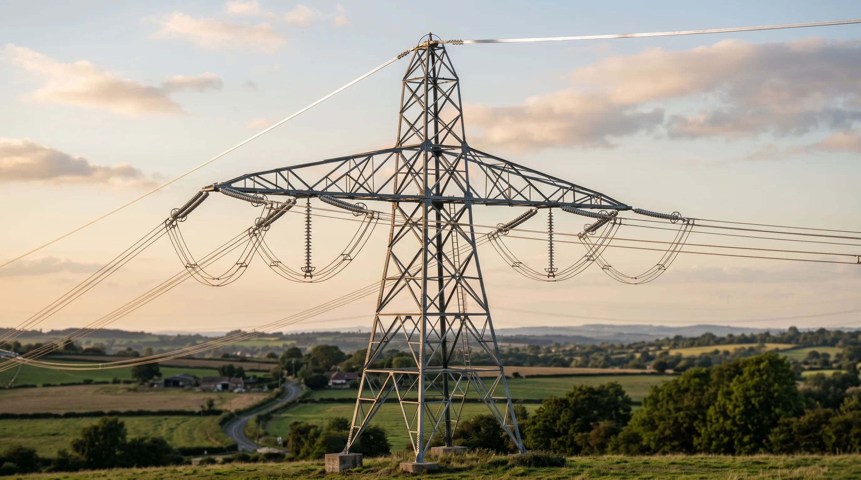High-voltage transmission tower with OPGW optical ground wire installed at the top above the phase conductors