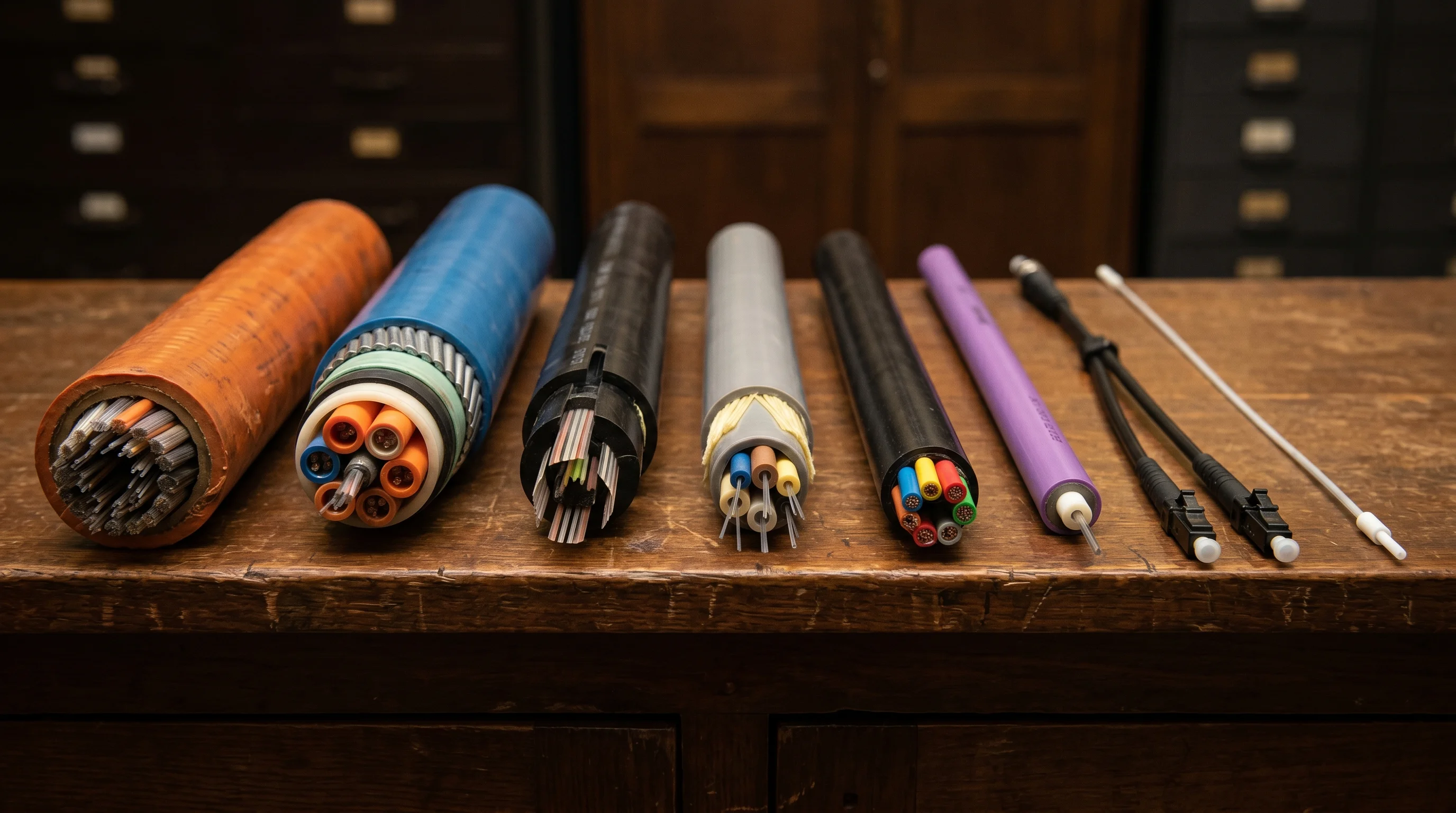 Timeline of fiber optic cable generations — from thick early sheathed bundles to modern ultra-pure single-mode low-loss fiber