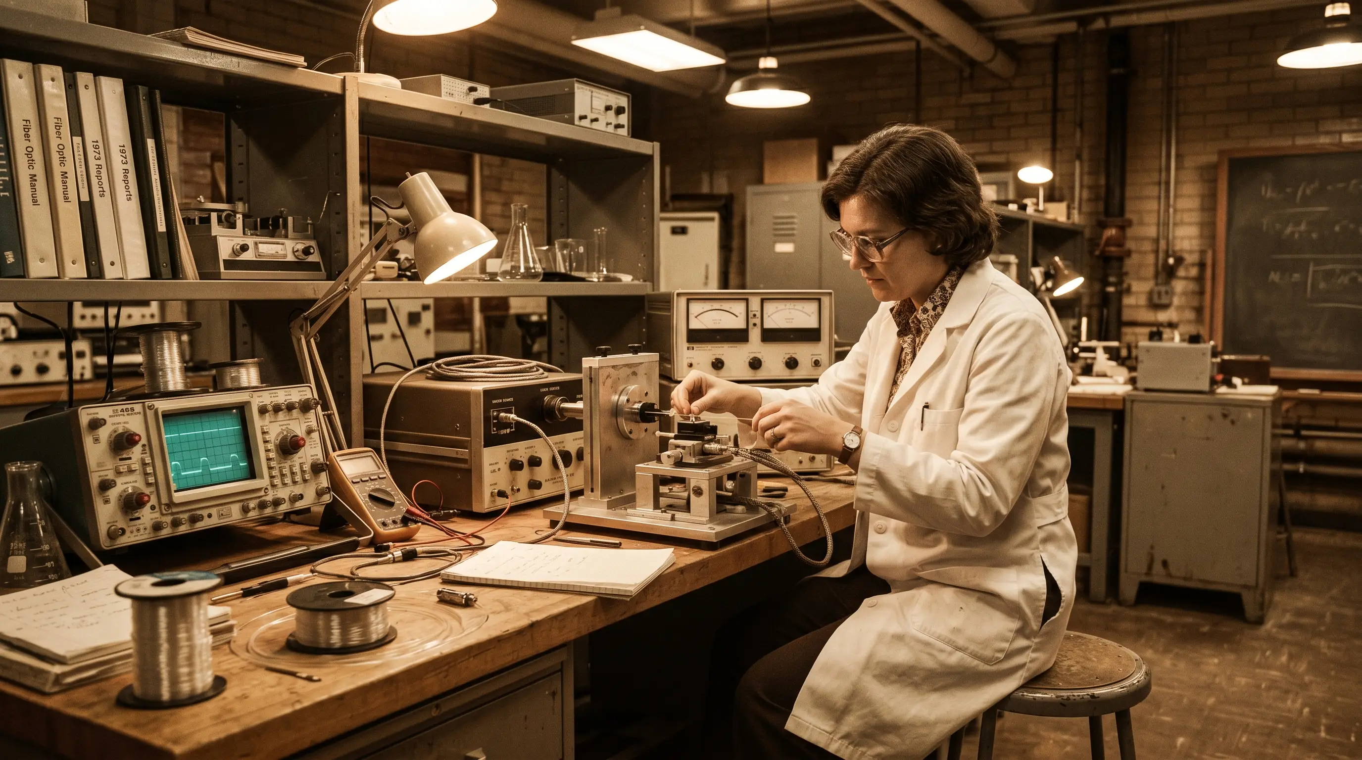 Vintage 1970s-era optical fiber research laboratory with early low-loss fiber drawing equipment under warm archival lighting