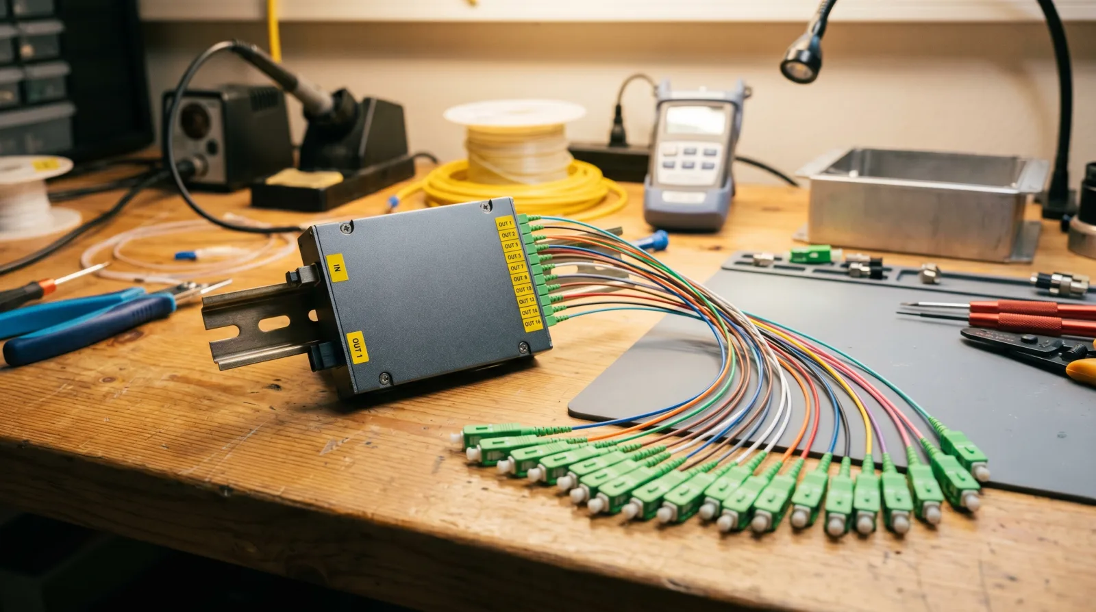 Industrial PLC optical splitter module on a workbench with fiber pigtails fanning out, representing top hot sale optical splitter fiber brands in 2025
