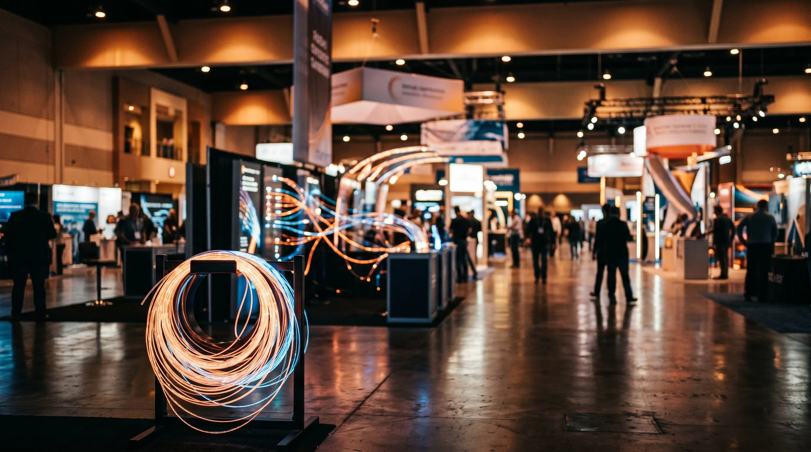 Busy exhibition hall at a US fiber optic expo showcasing fiber cable companies and broadband technology