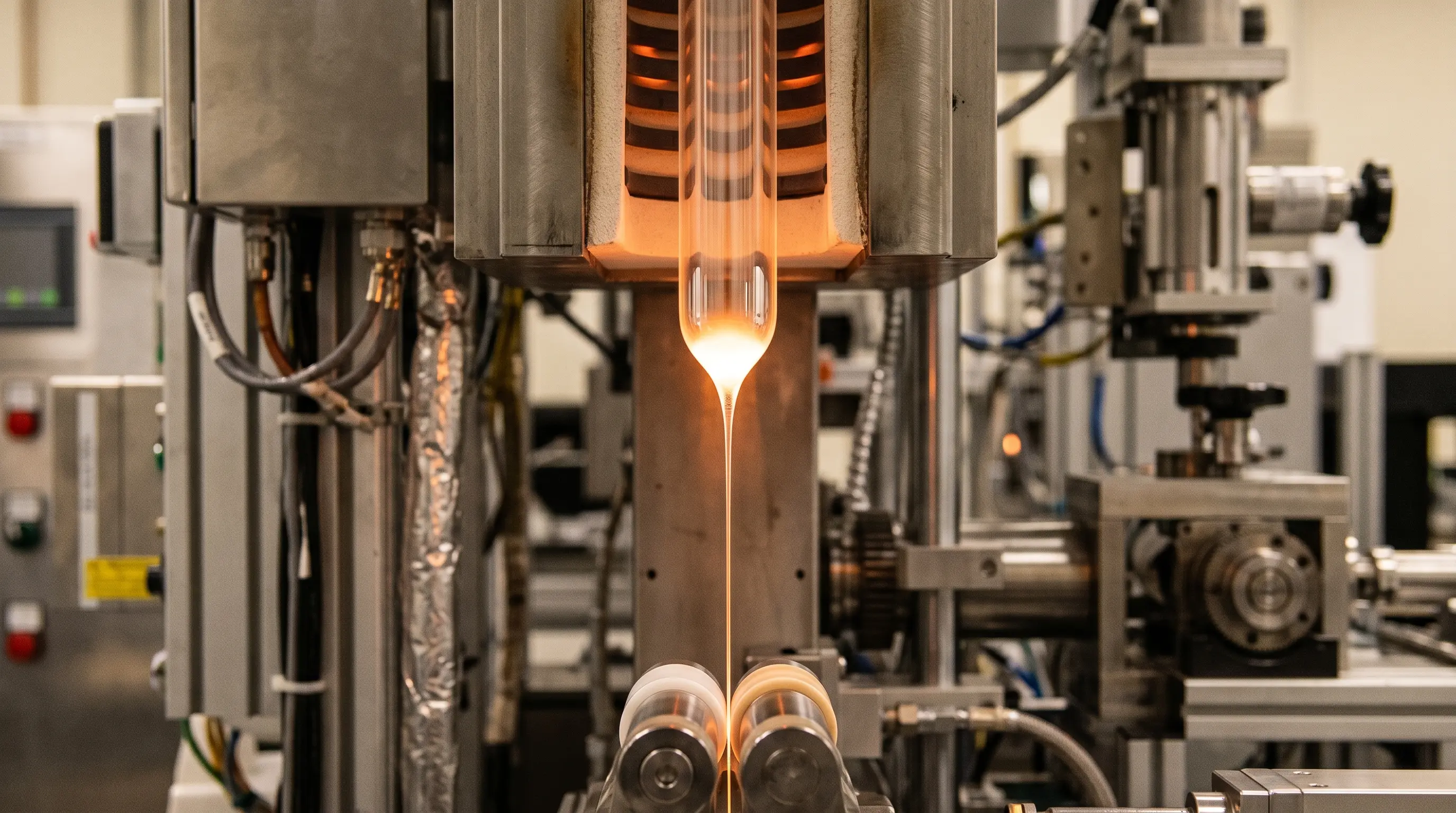 Ultra-pure silica fiber preform being drawn in a high-precision manufacturing environment — foundation of top low-loss optical fiber brands