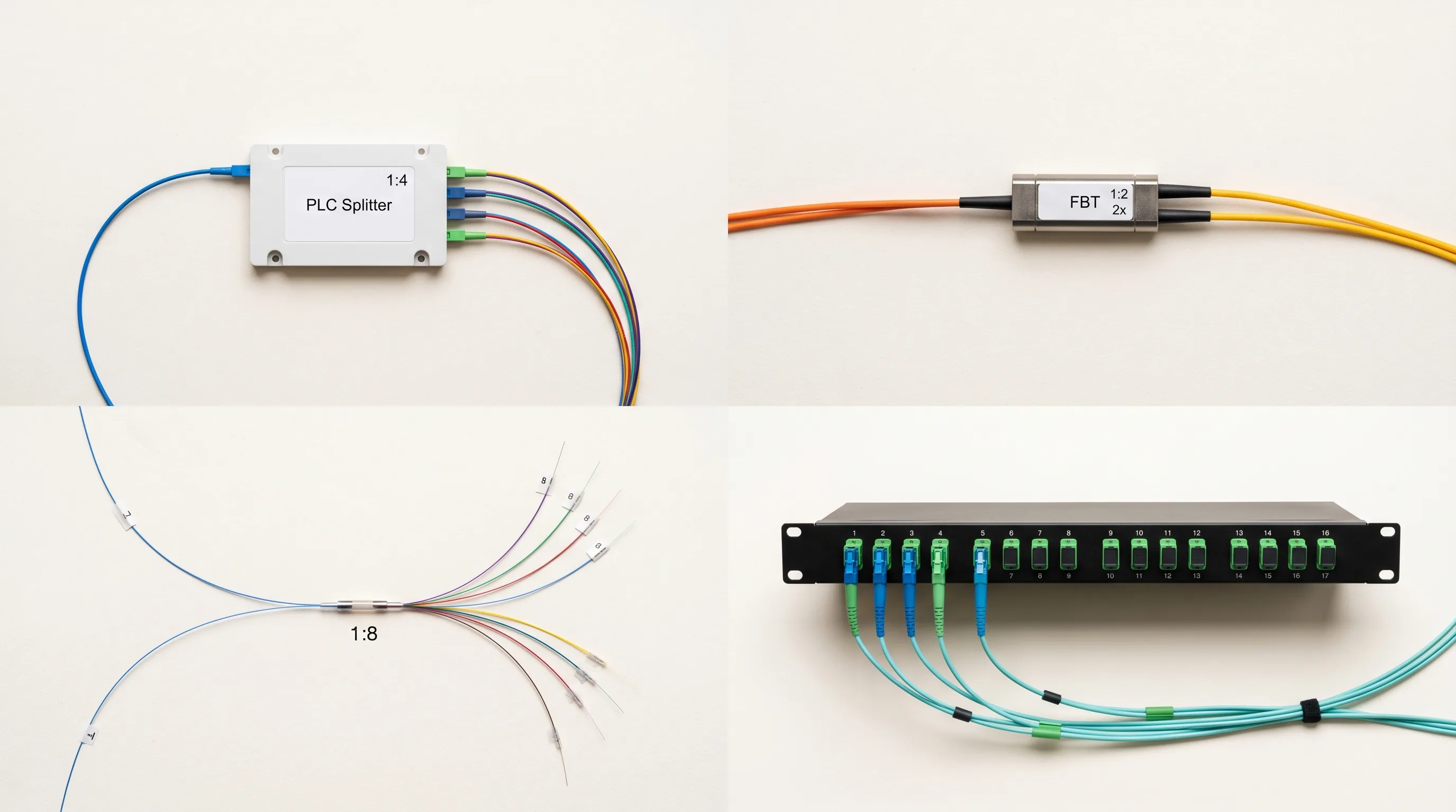 Various types of optical fiber splitters including PLC and FBT models used in fiber optic networks
