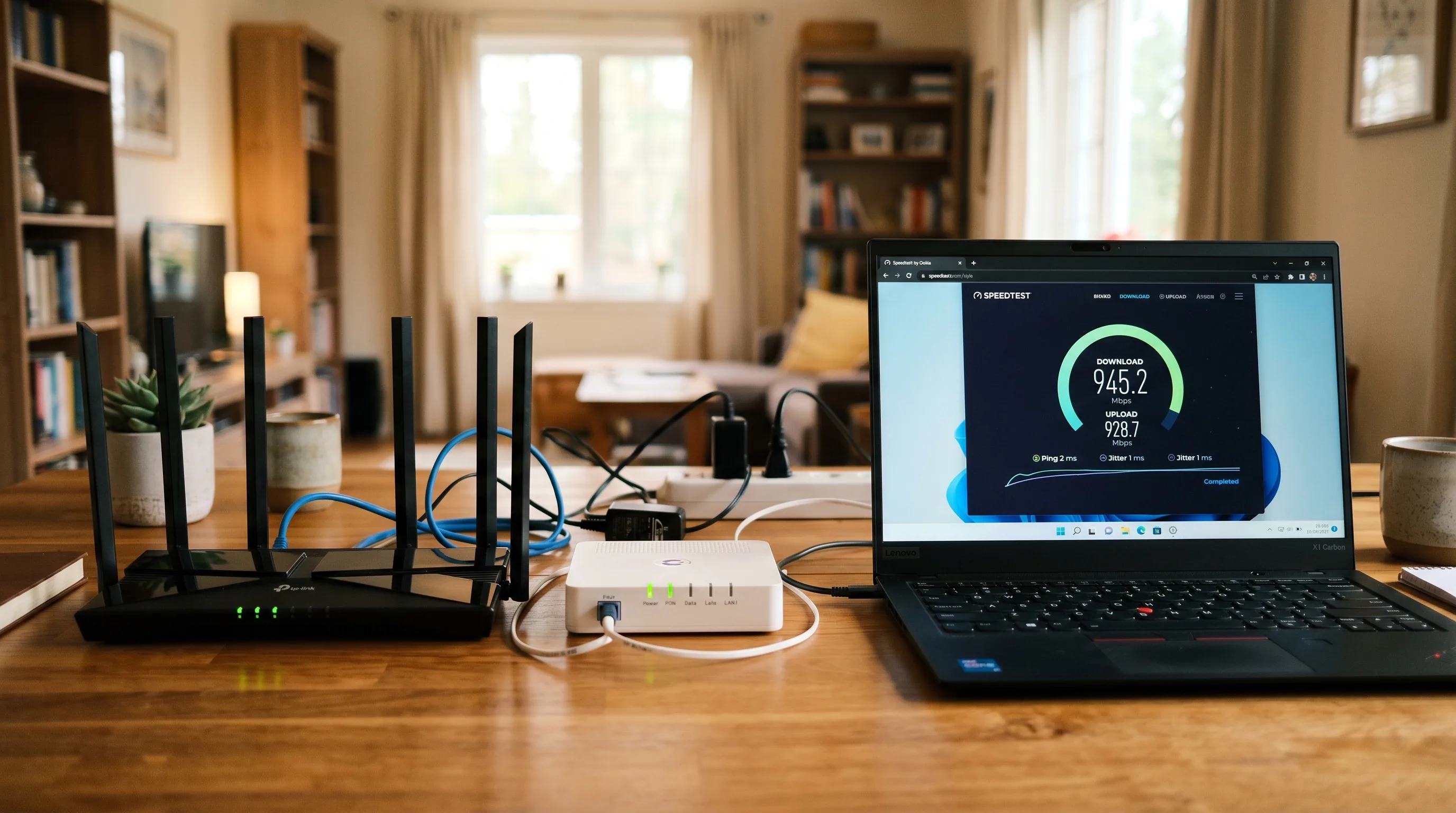 Home router and fiber ONT on a desk next to a laptop running a speed test, illustrating what influences fiber optic speed at the physical layer