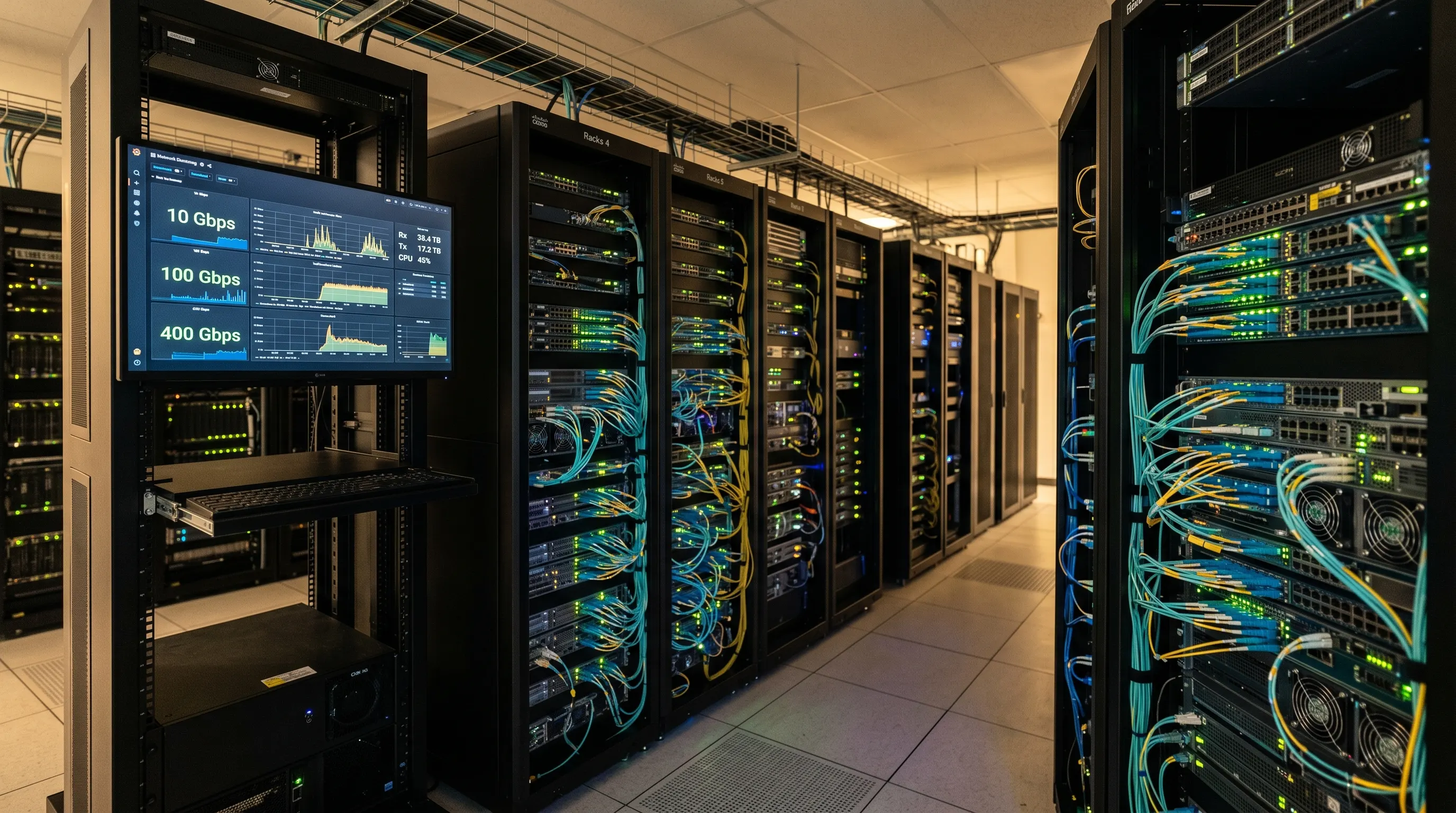 Modern server room with fiber optic patch cords glowing softly alongside a network monitor showing 10, 100, and 400 Gbps data rates — illustrating what fiber optic data rate means in practice