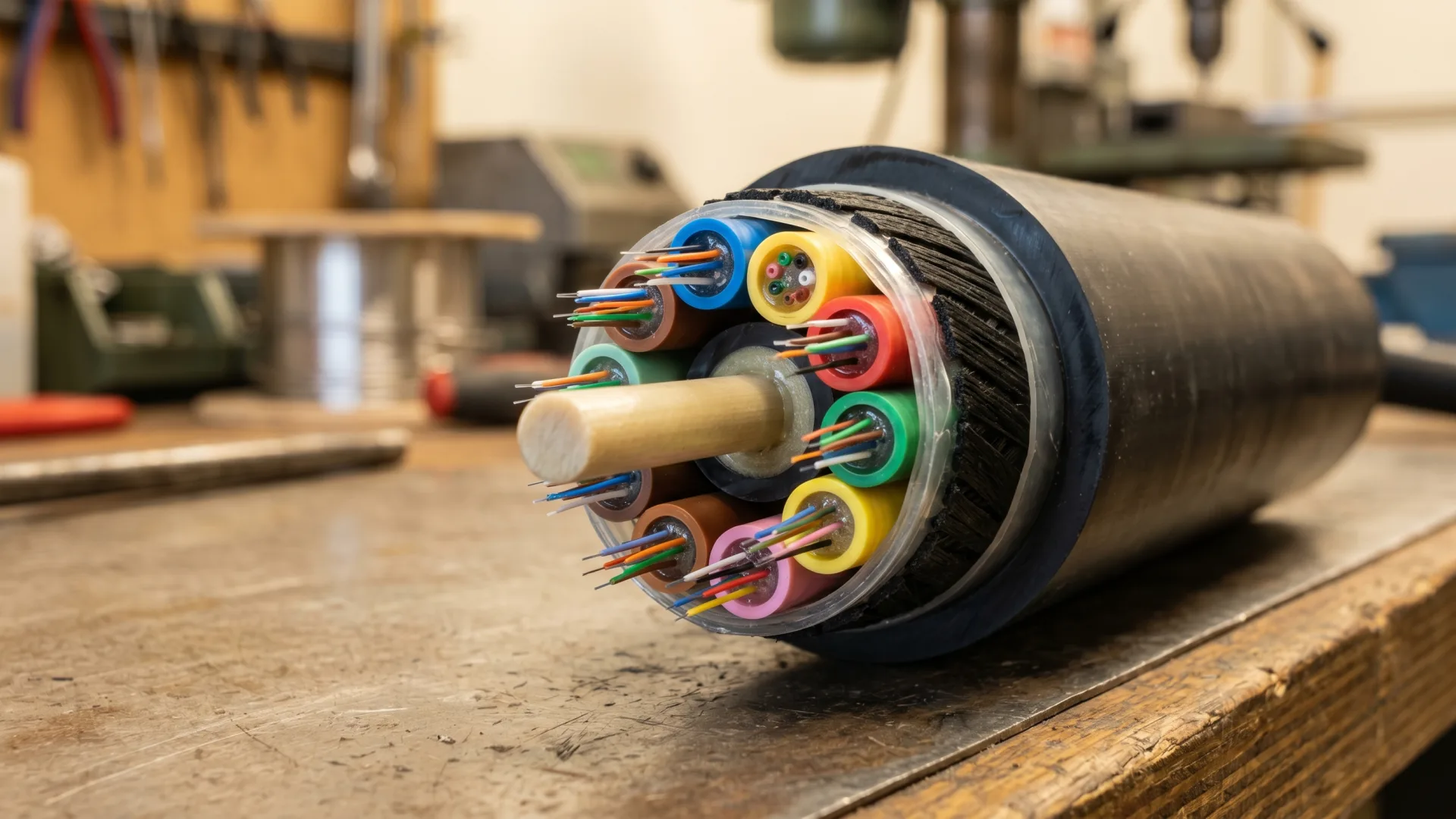Cutaway cross-section of a GYFTY stranded loose-tube fiber optic cable with a dielectric FRP central strength member surrounded by gel-filled loose tubes