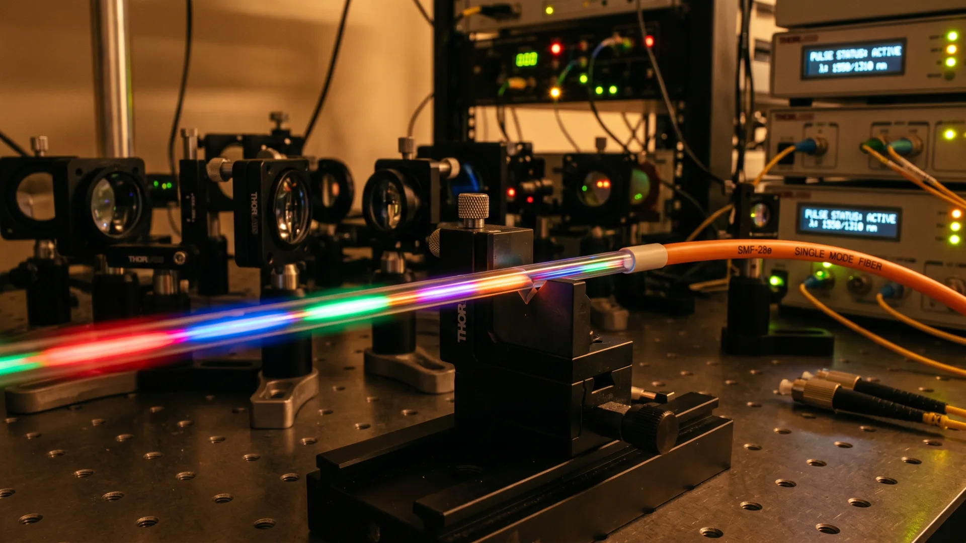 Scientific close-up of a single-mode optical fiber with multi-color light pulses streaking at high speed through the core, illustrating the physics that makes fiber high-speed