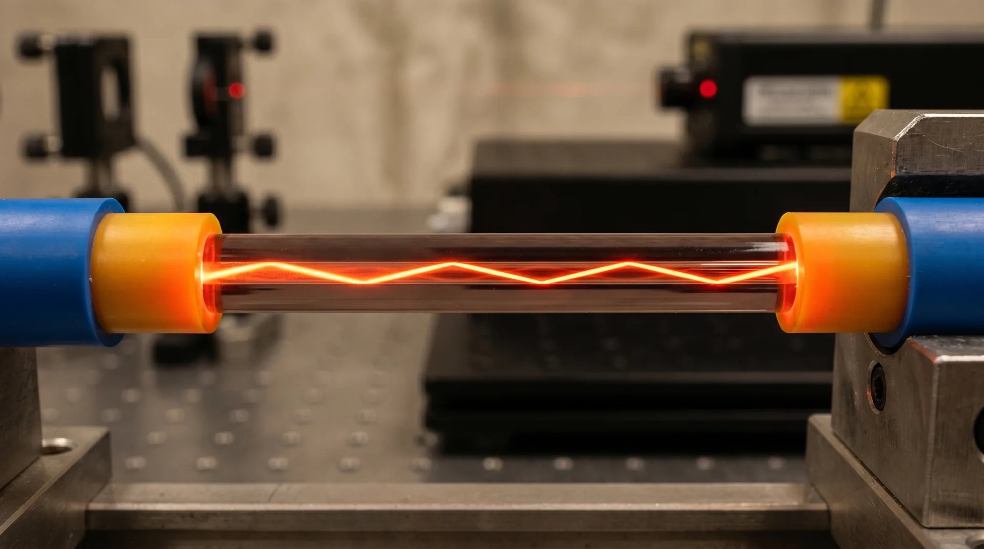 Cross-section of a single-mode optical fiber showing a laser beam contained inside the core by total internal reflection at the core-cladding boundary