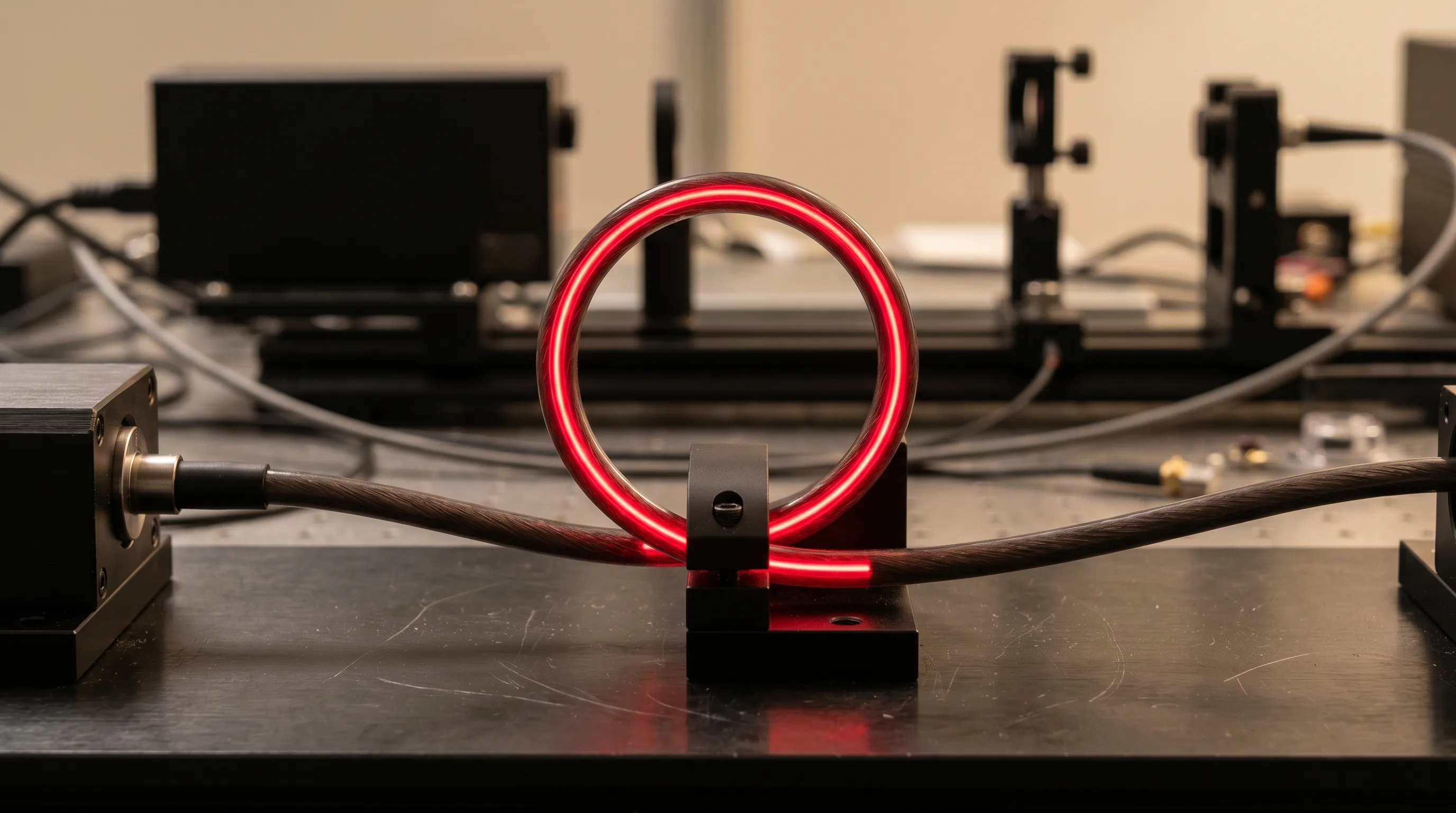 Curved optical fiber bent into a loop with laser light contained inside the core — illustrating how total internal reflection keeps light from leaking out of the fiber's sides