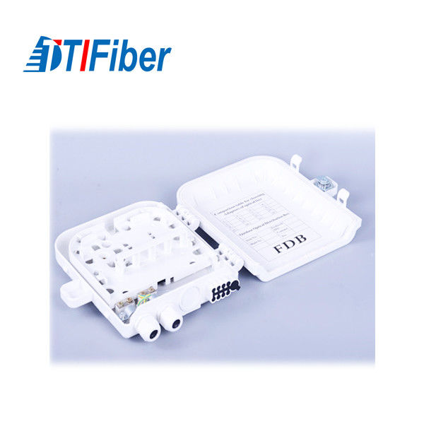 16-port fiber distribution box open with splice tray and splitter