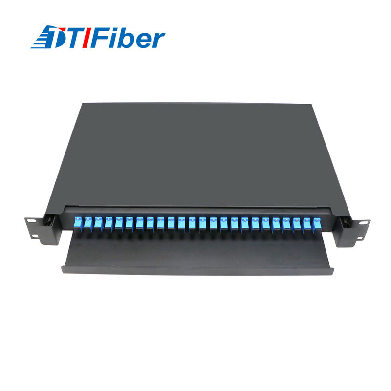 1U fiber patch panel with sliding tray open showing splice area