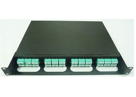 2U fiber patch panel with sliding drawer open showing splice trays