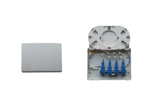 8-port fiber distribution box open showing splice tray and cable routing