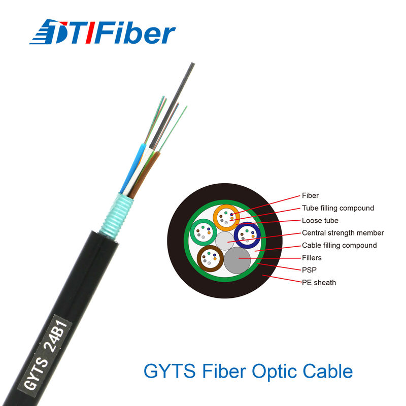 GYXY fiber optic cable cross-section showing central loose tube and steel wire reinforcement