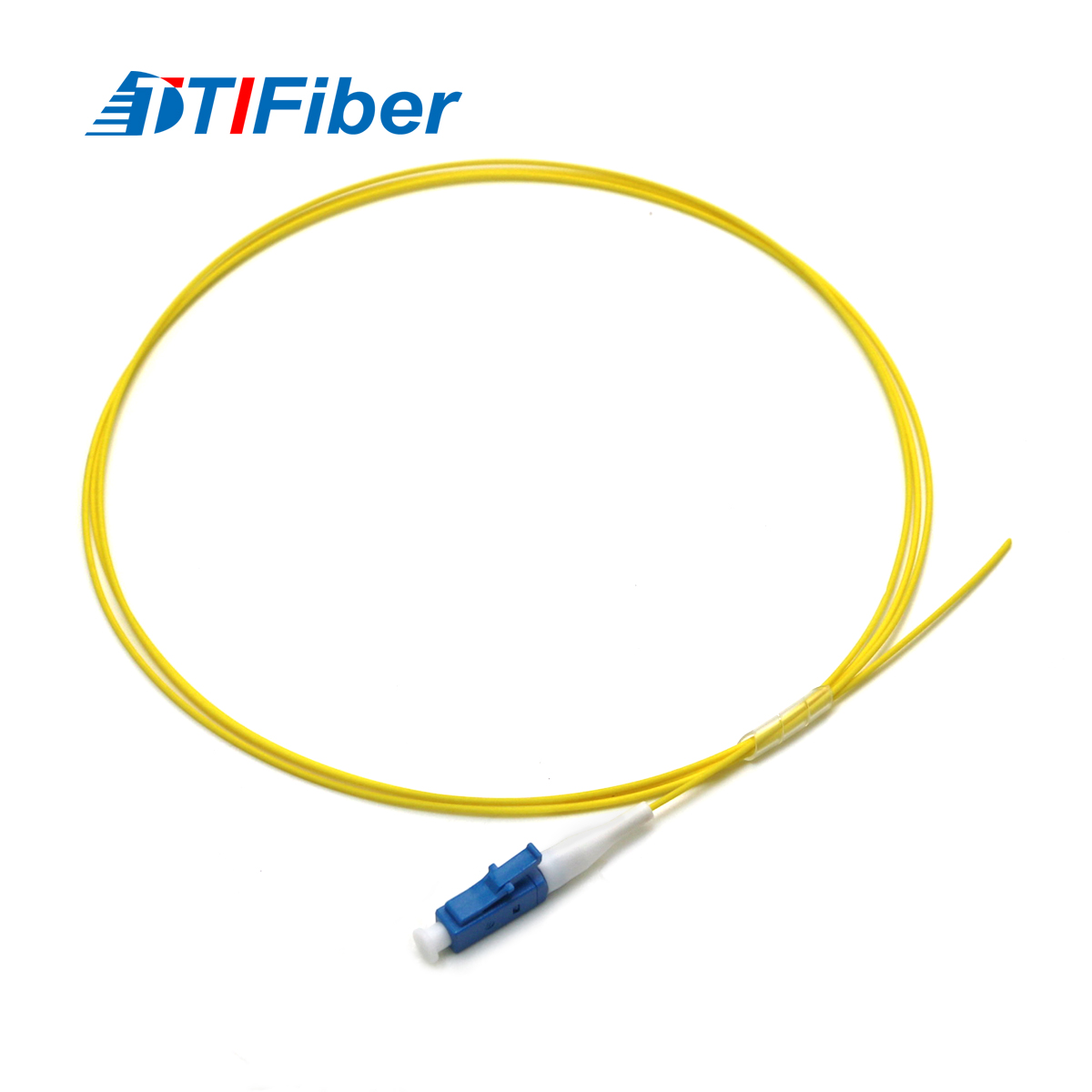 SC/UPC pigtail 0.9mm tight buffer showing connector and bare fiber