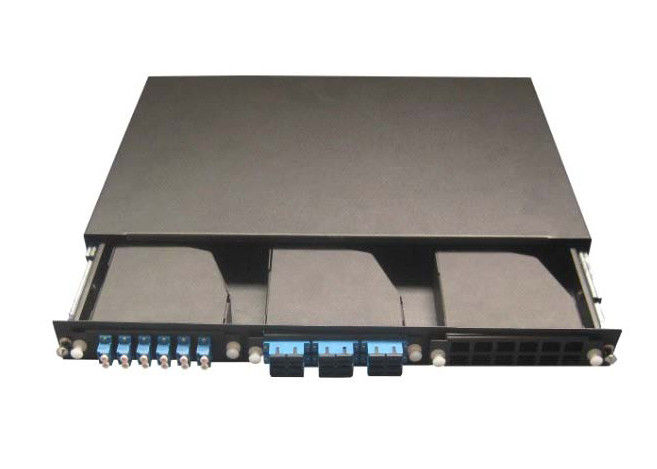 Sliding fiber patch panel with drawer extended showing LC adapters